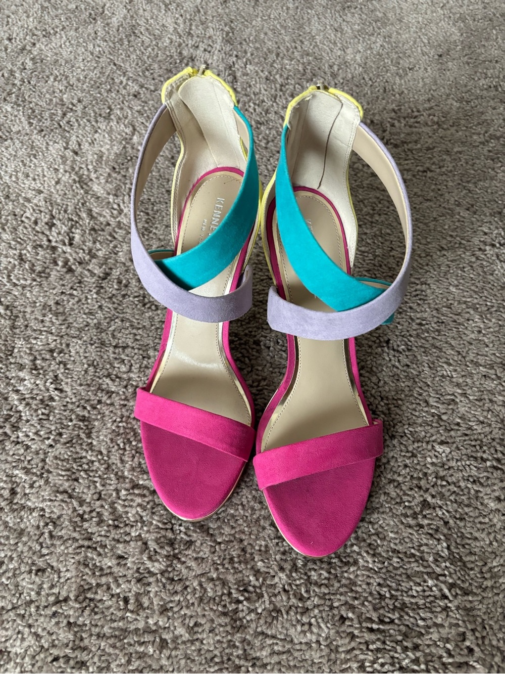 Kenneth Cole Multicolor Suede Strappy Sandal - Pink/Teal/Lavender/yellow